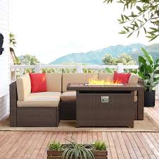 Sizzim 5 Piece Fire Pit Patio Sets Wicker Patio Conversation Set With Fire Pit Table Beige Cushions