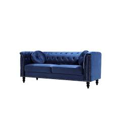 Vivian 75 98 In W Blue Classic Dark Blue Flared Arm Velvet 3 Seats Straight Chesterfield Sofa With Nailheads
