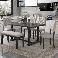 6 Piece Gray Dining Table And Chair Set Solid Wood With Special Shaped Legs And Foam Covered Seat Backs And Cushions