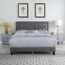 Morden Fort Gray Velvet Tufted Full Bed Frame With Upholstered Headboard No Box Spring Needed Grey