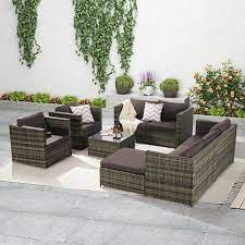 6 Piece Patio Pe Wicker Rattan Outdoor Sectional Sofa Set With Coffee Table Ottoman And Dark Gray Cushions