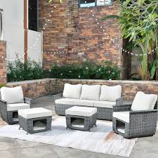 Fortune Dark Gray 5 Piece Wicker Outdoor Patio Conversation Seating Set With Beige Cushions