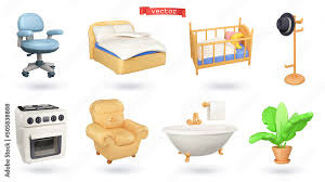 Furniture 3d Vector Icon Set Bedroom