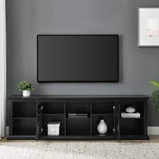 80 In Black Transitional Wood And Glass Door Tv Stand With Cable Mana