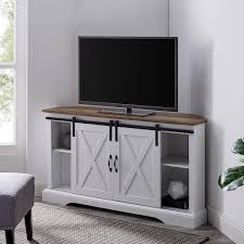 Welwick Designs 52 In Reclaimed Barnwood And Solid White Wood Farmhouse Corner Tv Stand With 2 Sliding Barn Doors Fits Tvs Up To 58 In
