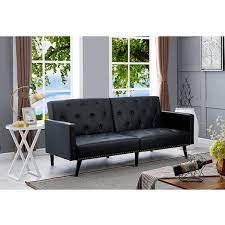 Black Faux Leather Tufted Split Back Futon Sofa Bed Folding Convertible Couch Futon Convertible Sofa Bed