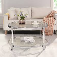 32 3 In Round Tempered Glass Coffee Table 2 Tier Glass Top Acrylic Round Coffee Tables With Metal Frame Chrome Silver