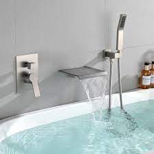 Waterfall Spout Single Handle Tub Wall Mount Roman Tub Faucet With Hand Shower In Brushed Nickel 88021bn