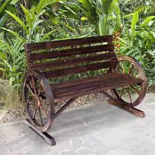 Outsunny Rustic Wooden Outdoor Patio Wagon Wheel Bench Seat