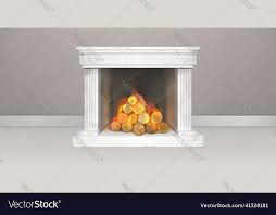 Fireplace With Burning Woods White