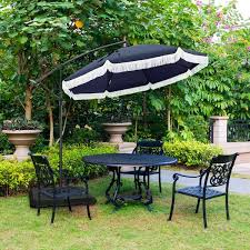9 Ft Metal Cantilever Solar Patio Umbrella In Navy Blue With Fringe Tassel Design And Crossed Base