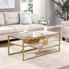 Urtr 43 In Golden Rectangle Tempered Glass Coffee Table With 3 Tier Shelves And Metal Frame Cocktail Table For Living Room