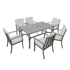 Brown 7 Piece Aluminum Outdoor Dining Set With Rectangle Table And Gray Cushions