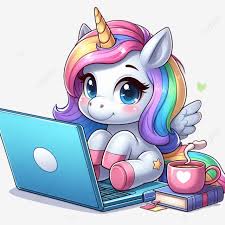 Cute Unicorn Working On Laptop Cartoon