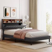 Polibi Wood Frame Full Platform Bed With Storage Headboard And Usb Port Linen Fabric Upholstered Bed Gray