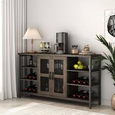 Black Gray Wood Wine Bar Cabinet With