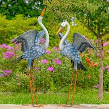 51 In Tall Blue Grey Heron Metal Garden Figurines Set Of 2