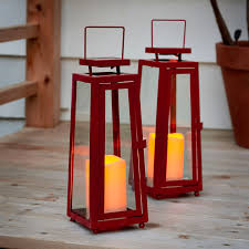 Red Outdoor Solar Lanterns 11 Inch Set Of 2 Metal Glass Waterproof Flameless Pillar Candle Dusk To Dawn Timer Flickering Led Light Rustic