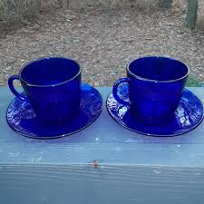 Cobalt Blue Glass Cups And Saucers Set
