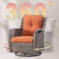 3 Piece Wicker Patio Swivel Outdoor Rocking Chair Set With Orange Cushions And Table
