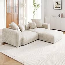 102 In Square Arm Comfy Corduroy Polyester Upholsterd Large 2 Seats Modular Sectional Sofa With Ottoman Beige