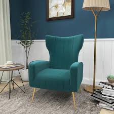Modern Peacock Blue Wide Armreat Velvet Upholstered Fabric Accent Armchair With Metal Legs