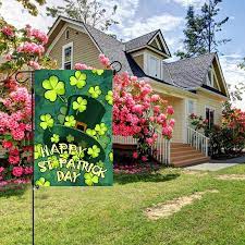 Anley Premium Happy St Patrick S Day Garden Flag Green Hat With Clover Garden Flags Double Sided 18 X 12 5 Inch