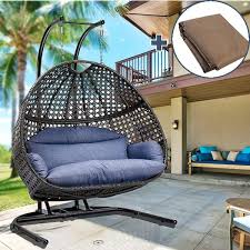 Upland Black Wicker Hanging Double Seat Patio Swing Chair With Stand And Dark Blue Cushion