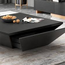 39 4 In Black Modern Square Wood Coffee Table With Large Soft Close Storage Drawer
