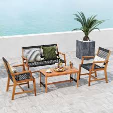 4 Pieces Acacia Wood Patio Conversation Table And Chair Set With Hand Woven Rope
