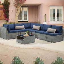 7 Piece Wicker Outdoor Patio Sectional Sofa Conversation Set With Blue Cushions