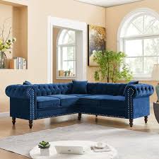 80 In Rolled Arm Velvet Tufted L Shaped Sofa In Blue With Nailhead Trim And Removable Cushions