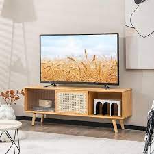 Modern Tv Stand With Rattan Glass Sliding Doors Natural Costway