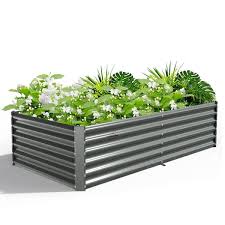 Cesicia Outdoor 8 Ft X 4 Ft X 1 5 Ft Rectangular Metal Galvanized Raised Garden Bed In Gray For Vegetables And Flowers