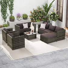 6 Piece Patio Furniture Set Sectional Sofa Weather Resistant Wicker With Tempered Glass Table Dark Gray