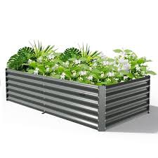 2pcs White Gray Galvanized Steel Rectangular 359 Gal Outdoor Bottomless Planter Boxes Garden Bed