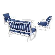 Hampton Bay Harbor Point White 4 Piece Metal Patio Conversation Set With Cushionguard Mariner Blue Cushions