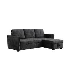 Reversible 90 5in Black Velvet Sleeper Sectional Sofa L Shape 3 Seater Sectional Couch With Storage