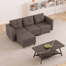 79 1 In W L Shaped Sofa Square Arm Fabric Modern Storable 3 Seat Plus 1 Ft Dark Browm