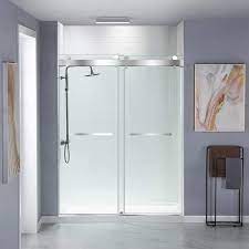 Wellfor 48 In W X 76 In H Sliding Frameless Shower Door In Brushed Nickel Shower Enclosure With Soft Closing Clear Glass