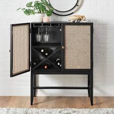 Stylewell Odell Cane Accent Bar Cabinet With Removable Wine Rack In Black Rattan 36 W X 47 5 H