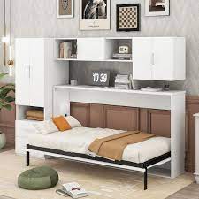 White Wood Frame Twin Size Murphy Bed Wall Bed With Open Shelves 2 Drawer Built In Wardrobe Table