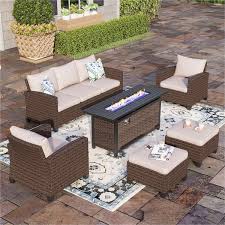 Brown 6 Piece Rattan Steel Outdoor Patio Conversation Set With Beige Cushions And Rectangular Fire Pit Table