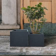17 3 In W Square Charcoal Lightweight Concrete And Fiberglass Planters With Drainage Holes Set Of 2