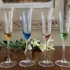 Etched Colored Crystal Champagne Flutes
