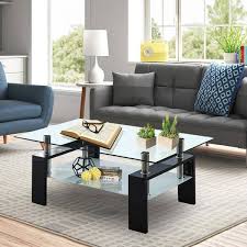 37 In W Black Artisan Center Coffee Table Tempered Glass Top Stainless Steel Legs For Living Room Antique Black