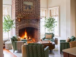 Red Brick Fireplace With Wood Mantel