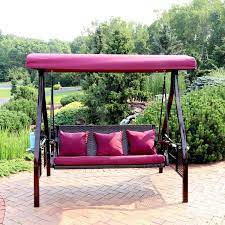 Sunnydaze 3 Person Steel Patio Swing With Side Tables And Canopy Merlot