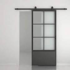 Calhome 37 In X 84 In Black Frosted Glass Steel Single Barn Door Hardware Included