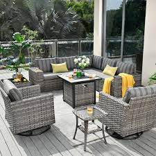 Crater Grey 10 Piece Wicker Outdoor Patio Fire Pit Conversation Sofa Set With Swivel Chairs And Striped Grey Cushions